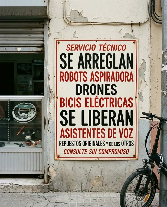 Cartel pintado a mano en la pared de un servicio técnico: Se arreglan robots aspiradora, drones, bicis eléctricas. Se liberan asistentes de voz. Repuestos originales y de los otros. Consulte sin compromiso.